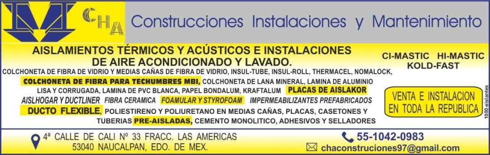 Thermal and acoustic insulation and air conditioning and washing installations. Fiberglass mat and fiberglass half-rounds, Insul-Tube, Insul-Roll, Thermacel, Nomalock