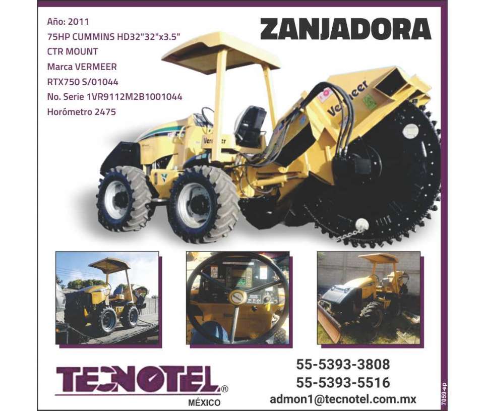 Vermeer Trencher, Year 2011, 75HP Cummins HD32 "32" x3.5 "CTR MOUNT, RTX750 S / 01044, Series: 1VR9112M2B1001044, Hour Meter 2475