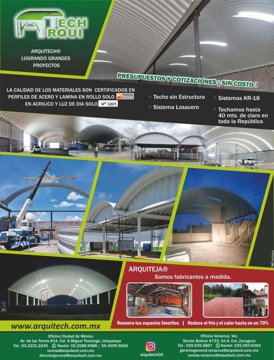 Ceilings without structure, losacero system, KR-18 systems, we roof up to 40 meters. of clear throughout the Republic, ternium, tizacril