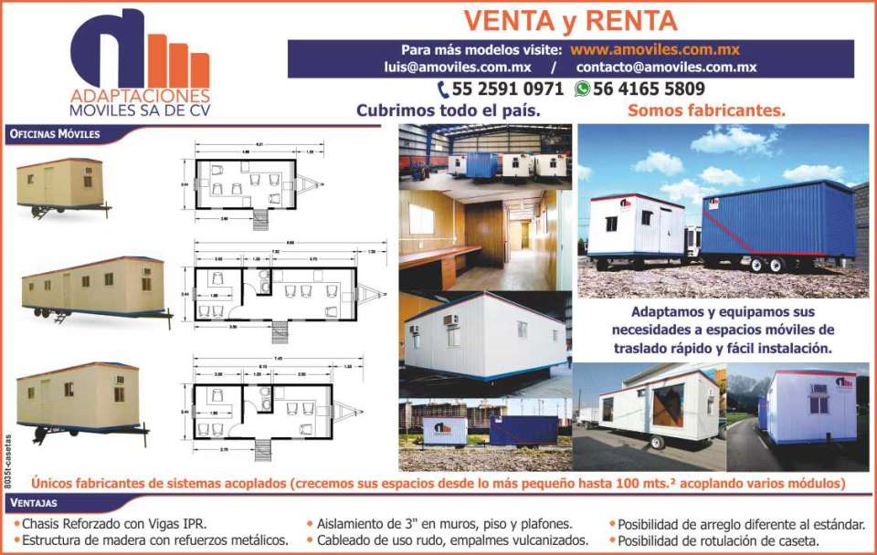 Sale and Rent of Mobile Offices, Mobile Warehouses. Mobile spaces for fast transportation and easy installation. Coupled systems. We grow their spaces up to 100 m2.