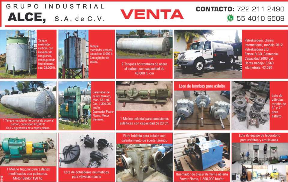 On sale: Vertical Mixing Tank, Horizontal Tanks, International Chassis Oil Plant, Asphalt Pump Set, Thermal Oil Heater, Set of Male Valves, Diesel Burner