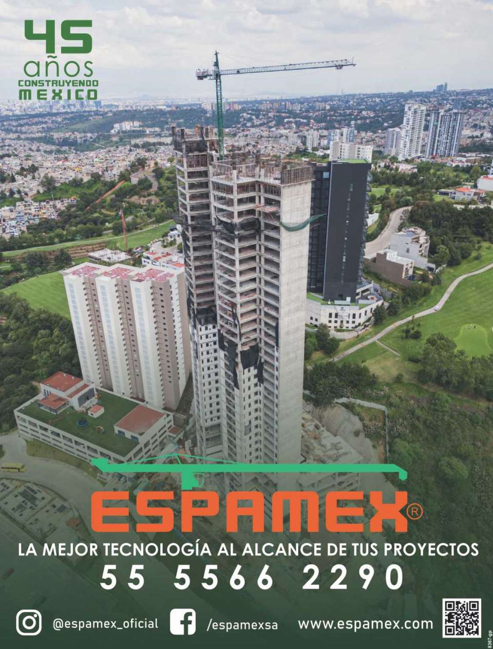 Tower Cranes, Construction Elevators, Facade Gondolas. Thanks to your Trust, 80% of the tallest Towers in Mexico have been built with Espamex Equipment. 45 Years Building Mexico.